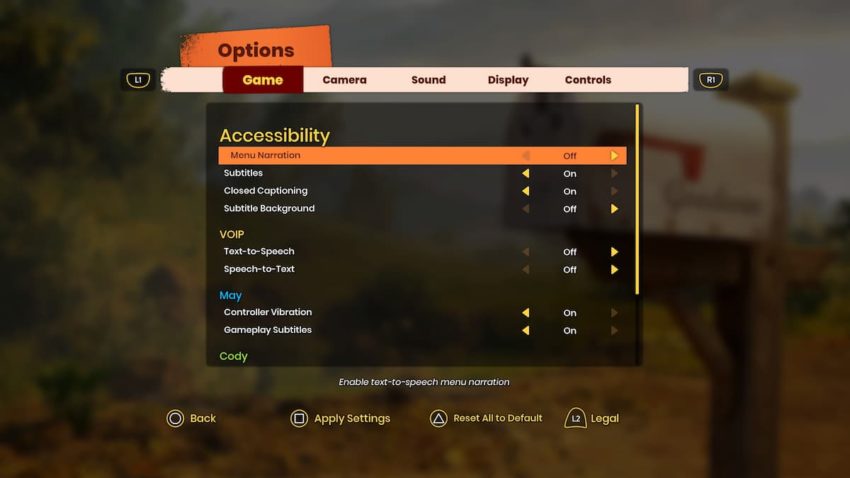 Menu items include Menu Narration, Closed Captioning, Text-To-Speech, Controller Vibration and more