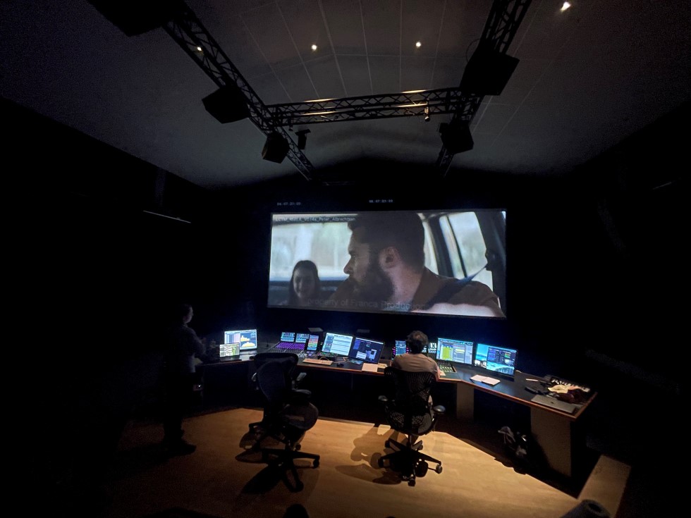 Gabriel Gutiérrez (left) and Garret Farrell (right) mixing the Dolby Atmos mix stage at Mainstream Studios in Copenhagen, equipped with Meyer speakers