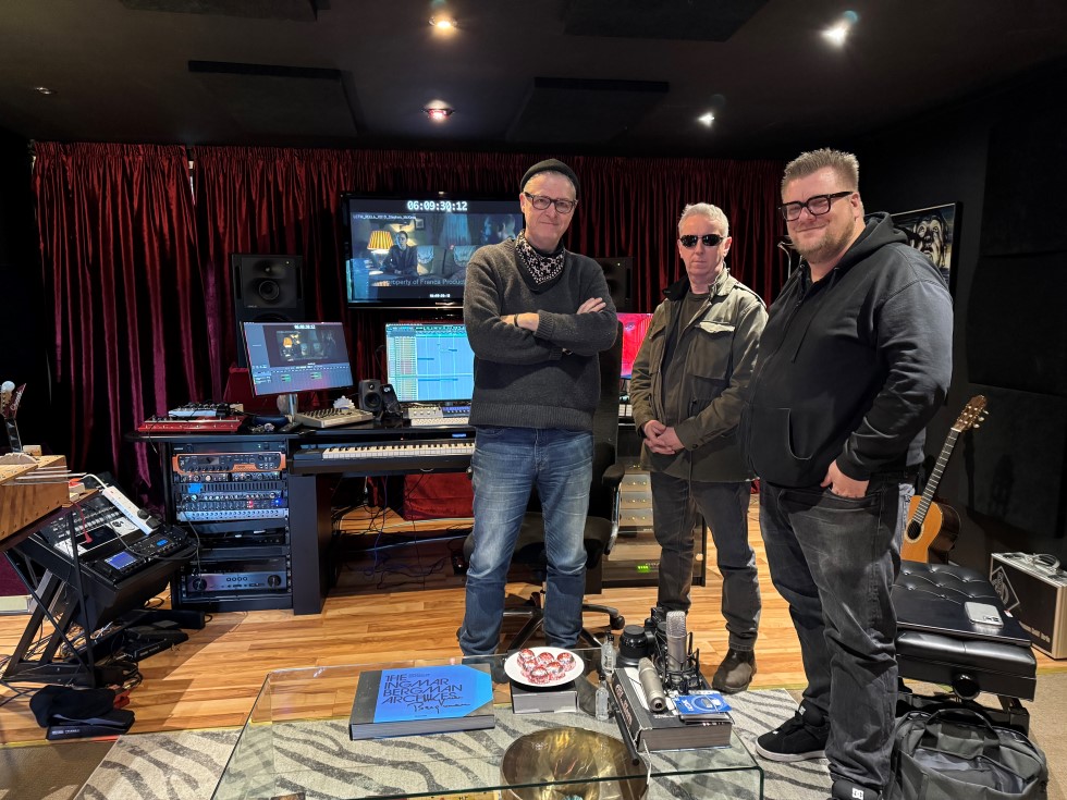 Composer Stephen McKeon, picture editor Bryan Shaw, and sound designer Peter Albrechtsen at McKeon's studio in Ireland