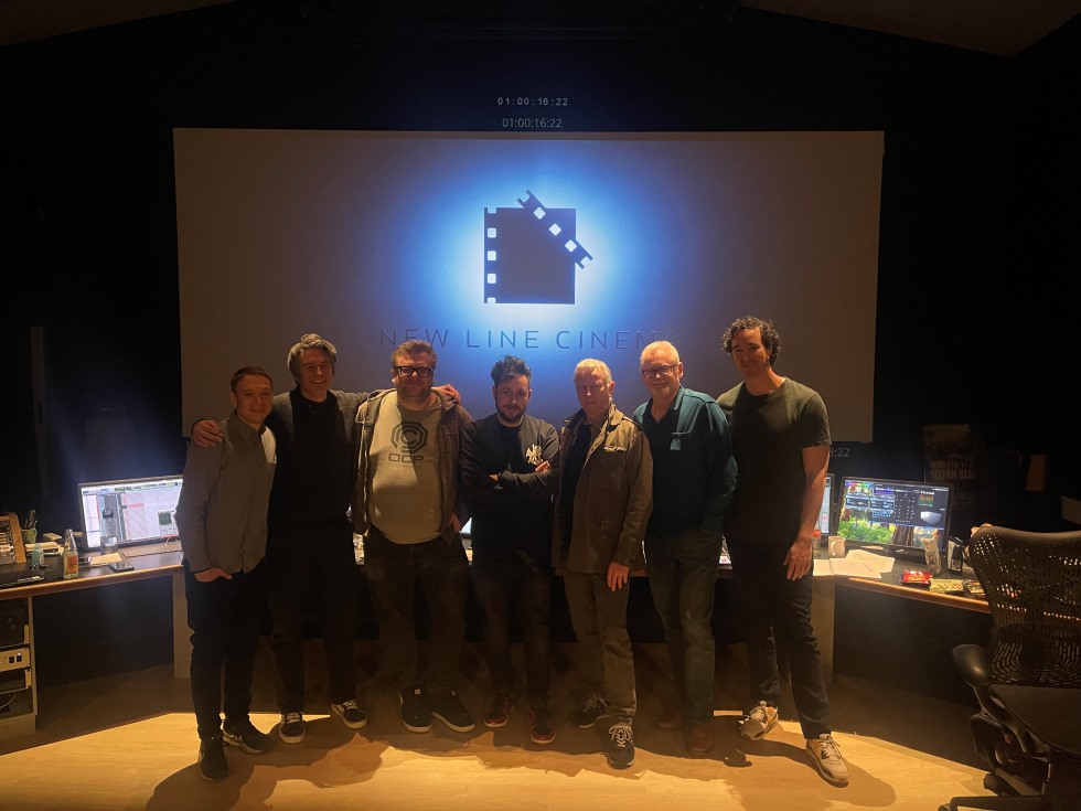 Mix stage photo at Mainstream; L to R: Effect/Foley Re-recording Mixer Gabriel Gutiérrez, Sound Effects Editor Bob Kellough, SSE/Sound Designer Peter Albrechtsen, Director Lee Cronin, Picture Editor Bryan Shaw, Music Editor Kevin Crehan, and Dialogue/Music Re-recording Mixer Garret Farrell