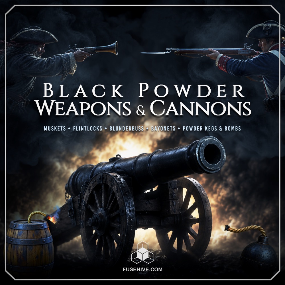 Black Powder Weapons & Cannons | Muskets • Flintlocks • Blunderbuss • Bayonets • Powder Kegs & Bombs