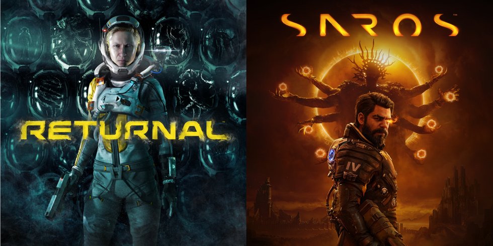 Key art for Returnal and Saros side by side