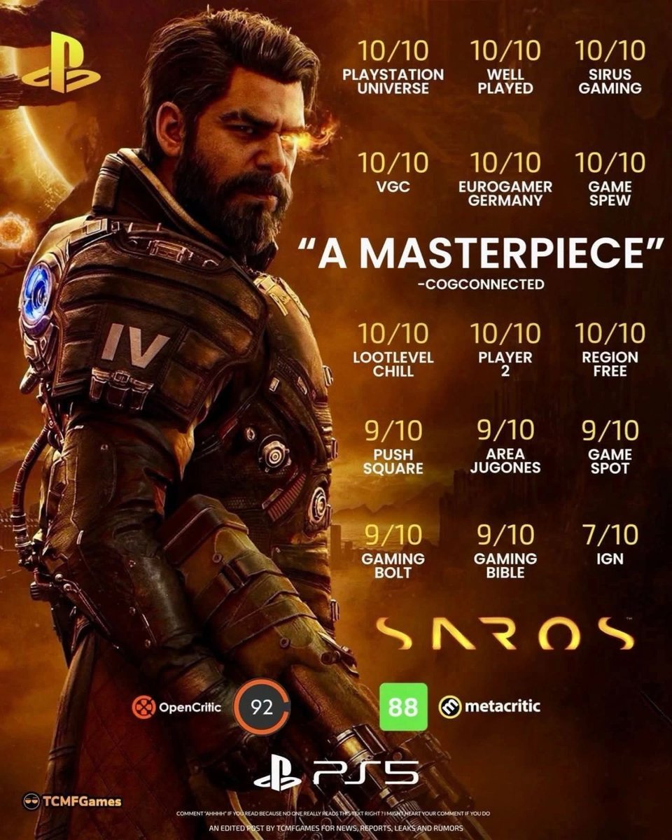 Saros accolades graphic showing review scores from PlayStation Universe, VGC, Eurogamer Germany, IGN and others