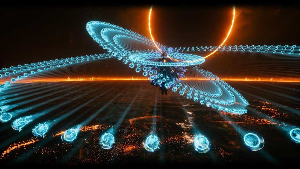 A spiralling ring of projectiles sweeping around the player in Saros