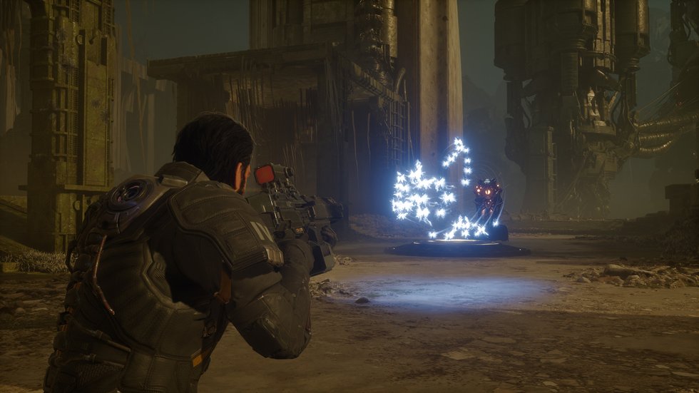 Arjun aiming at a glowing cosmic enemy in Saros