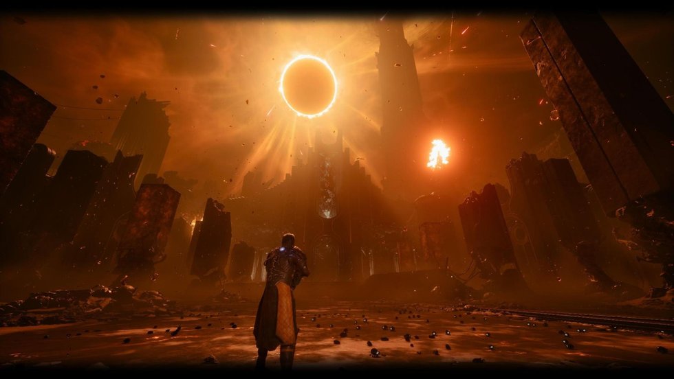 Arjun standing alone in a ruined city as the Eclipse burns overhead