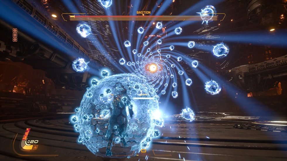 A boss fight in Saros with the player enveloped in a swarm of projectiles