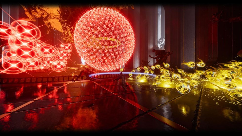 Red and yellow projectile patterns filling the arena in Saros
