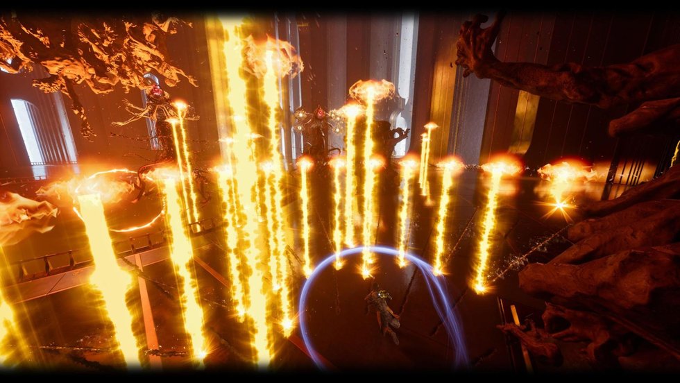 Columns of projectile fire closing in on the player in Saros