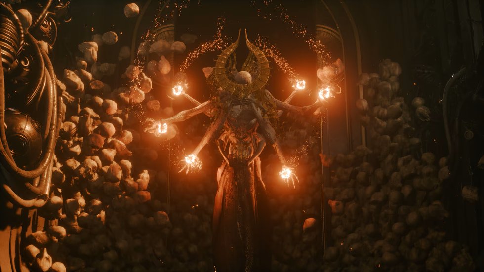 A cosmic boss surrounded by skulls and burning orbs in Saros