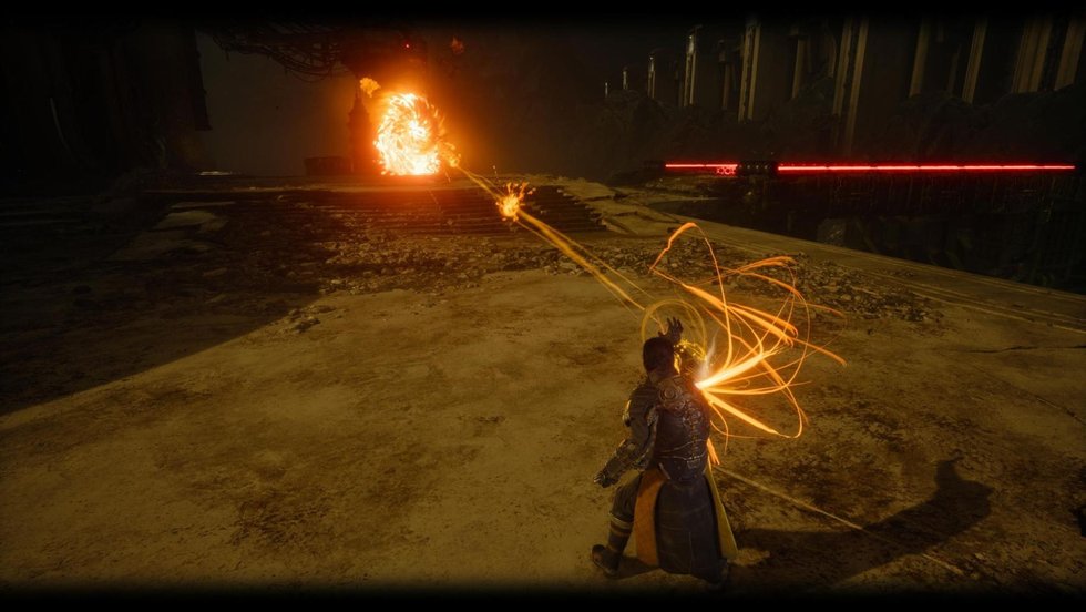 A cosmic-based weapon firing in a Saros combat arena