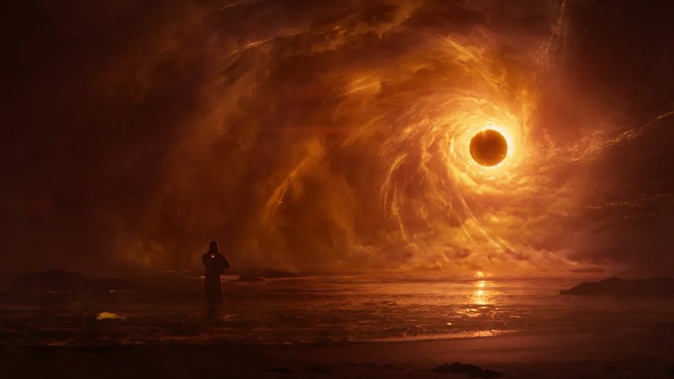 The Eclipse burning over the shore in a Saros cinematic