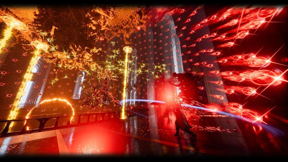 High intensity combat in Saros with projectiles filling the screen from several directions
