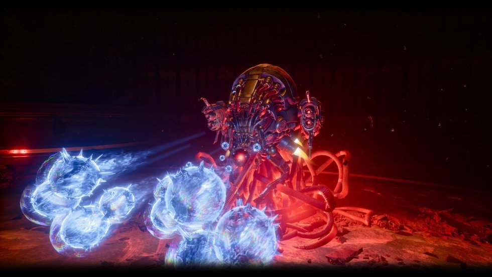 A mechanical enemy launching blue projectiles in Saros