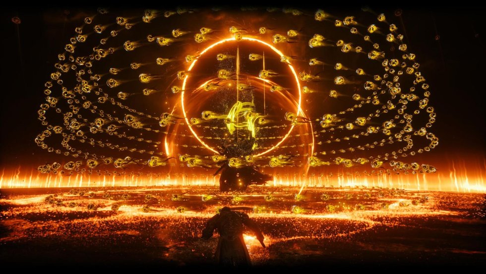 A vast ring of orange projectiles surrounding the player in Saros