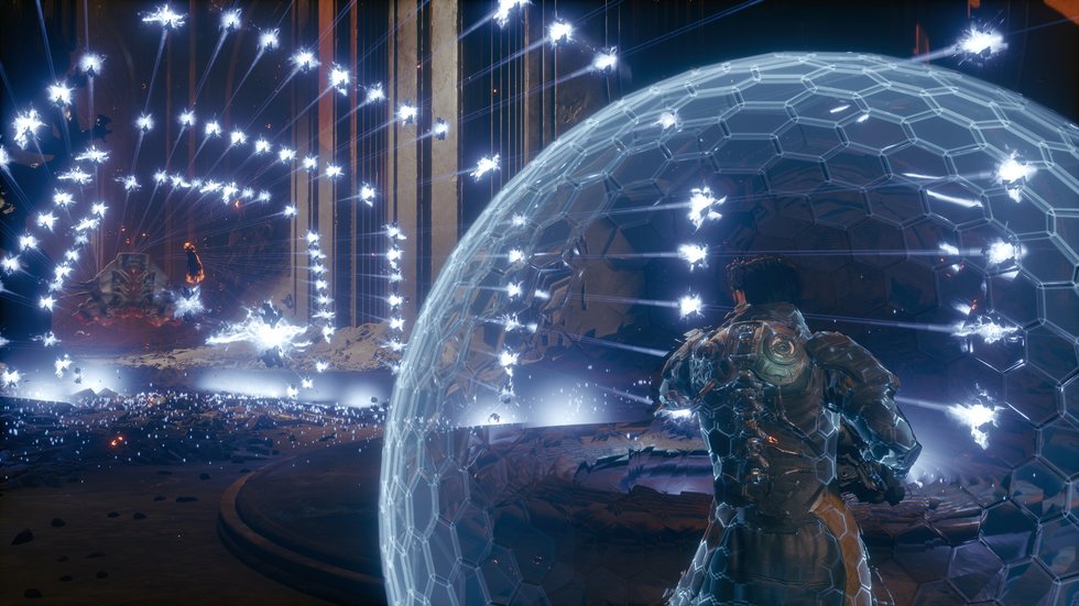 The player shield deploying in Saros as projectiles converge from all sides