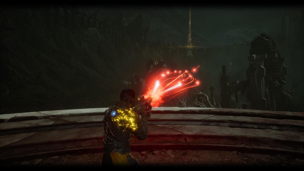 Sustained weapon fire during a boss encounter in Saros
