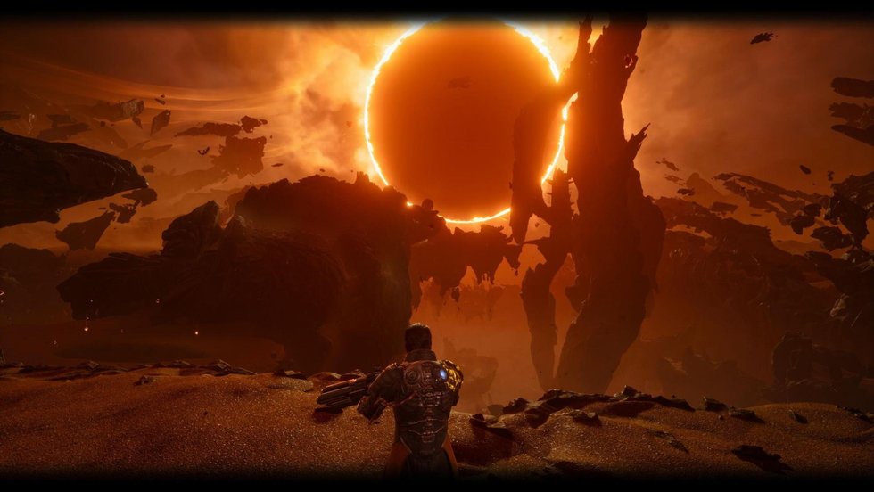 Arjun crossing a sand biome under a vast Eclipse in Saros