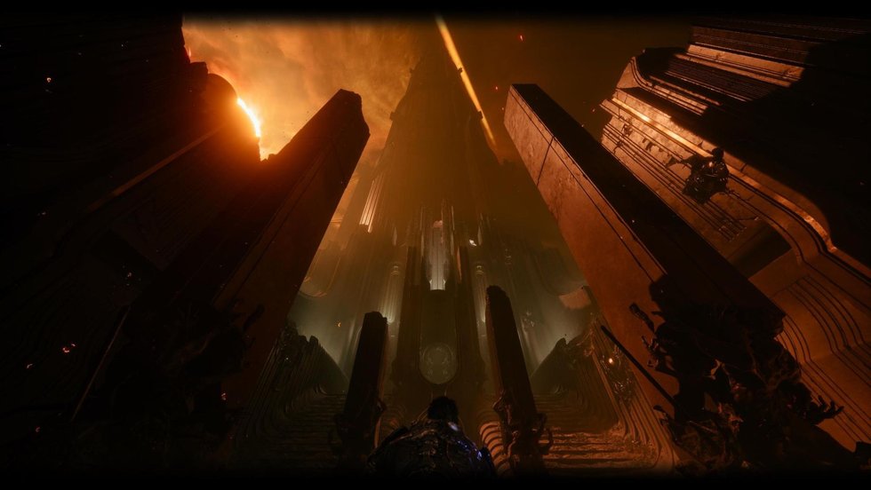 Looking up through the burning spires of a vertical Saros biome
