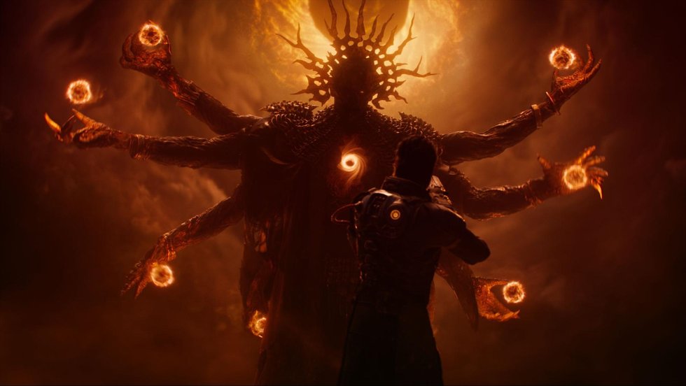 Arjun facing the many-armed Yellow King in Saros